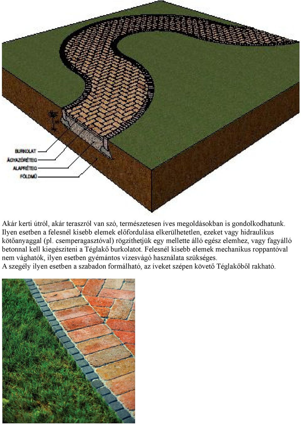 csemperagasztóval) rögzíthetjük egy mellette álló egész elemhez, vagy fagyálló betonnal kell kiegészíteni a Téglakő burkolatot.