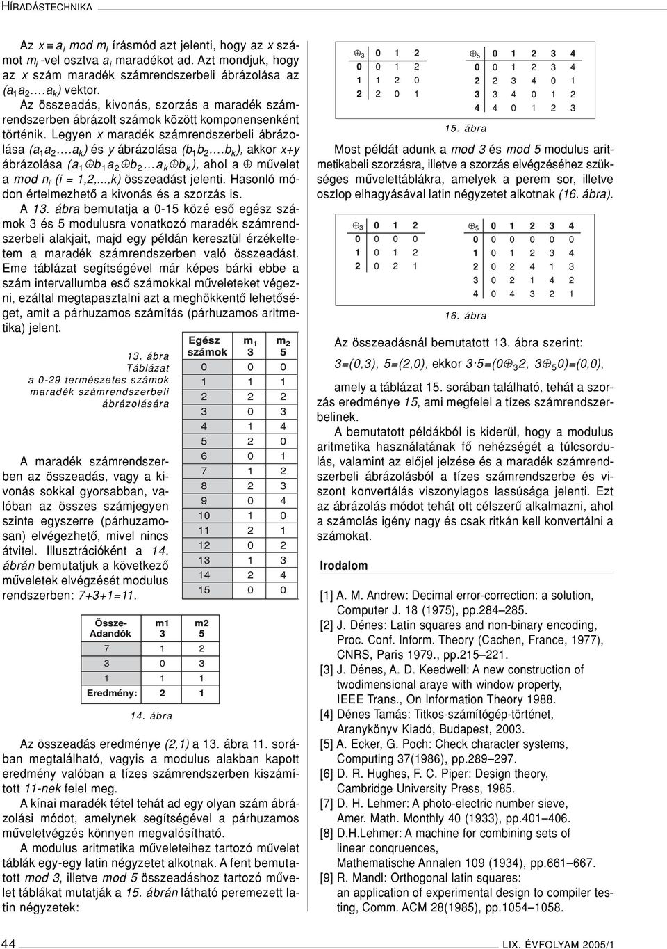 b k ), akkor x+y ábrázolása (a 1 b 1 a 2 b 2 a k b k ), ahol a mûvelet a mod n i (i = 1,2,...,k) összeadást jelenti. Hasonló módon értelmezhetô a kivonás és a szorzás is. A 13.