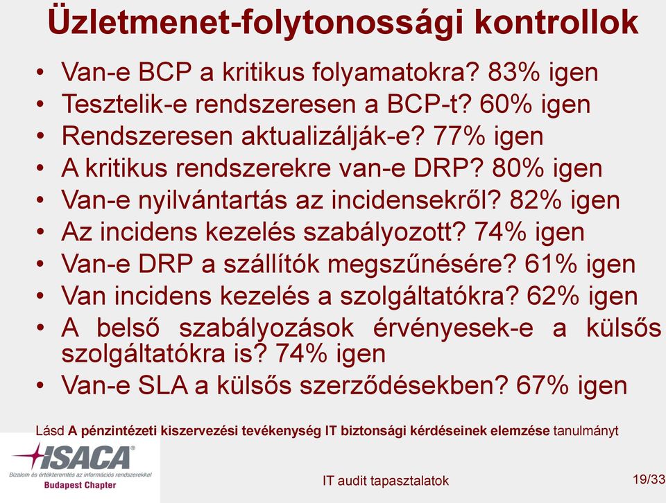 82% igen Az incidens kezelés szabályozott? 74% igen Van-e DRP a szállítók megszűnésére? 61% igen Van incidens kezelés a szolgáltatókra?