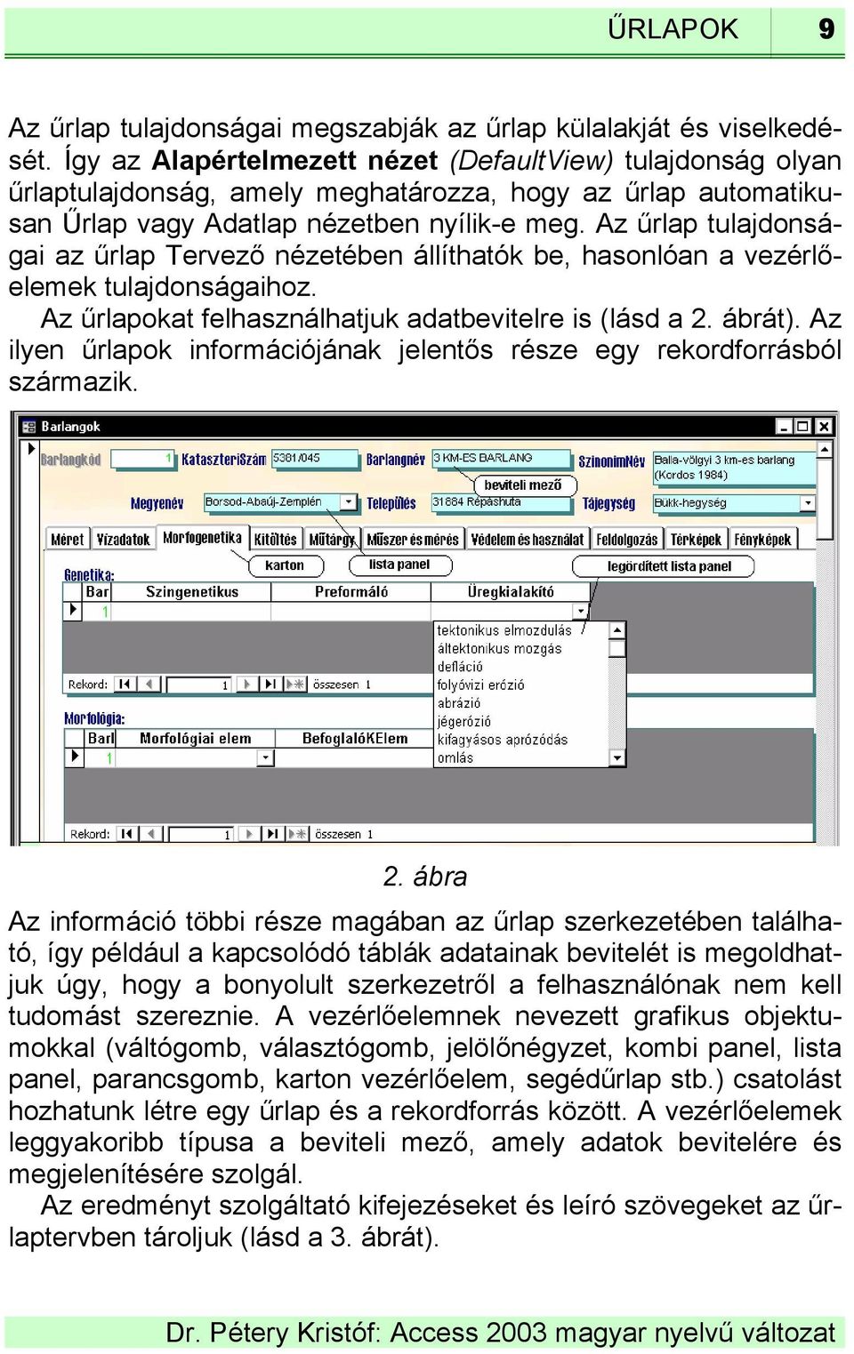 Az űrlap tulajdonságai az űrlap Tervező nézetében állíthatók be, hasonlóan a vezérlőelemek tulajdonságaihoz. Az űrlapokat felhasználhatjuk adatbevitelre is (lásd a 2. ábrát).