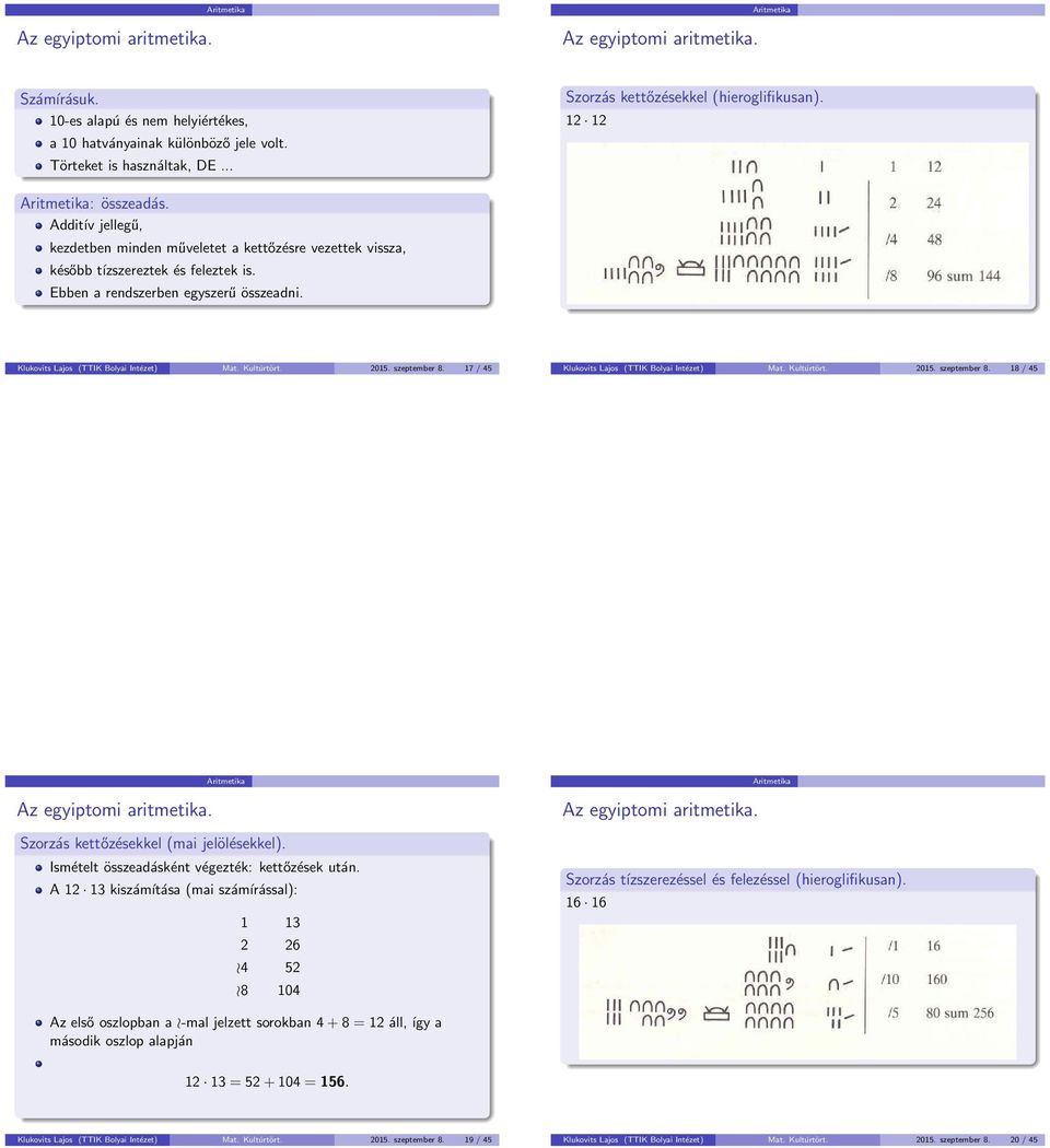 Kultúrtört. 2015. szeptember 8. 17 / 45 Klukovits Lajos (TTIK Bolyai Intézet) Mat. Kultúrtört. 2015. szeptember 8. 18 / 45 Szorzás kettőzésekkel (mai jelölésekkel).