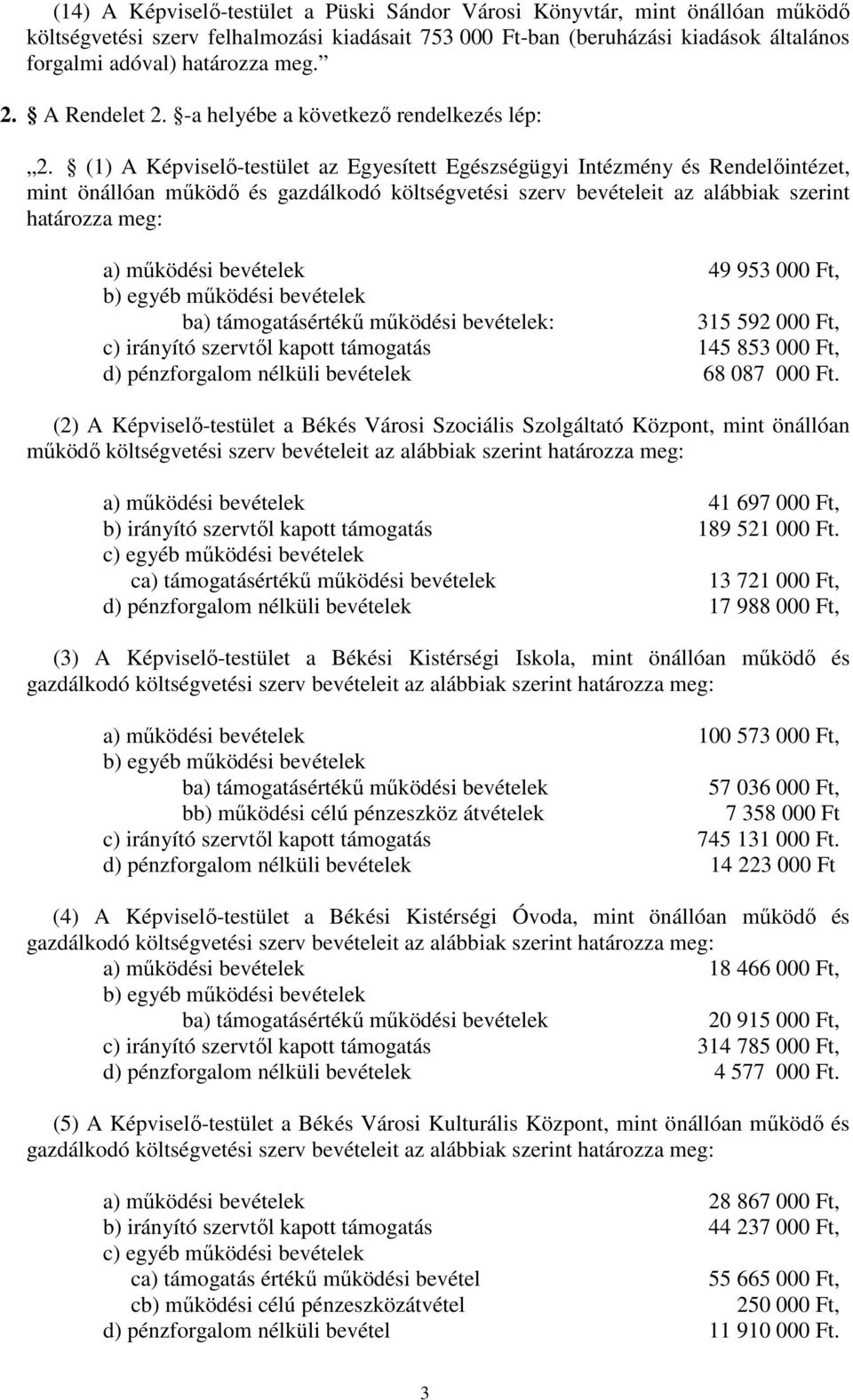 (1) A Képviselő-testület az Egyesített Egészségügyi Intézmény és Rendelőintézet, mint önállóan működő és gazdálkodó költségvetési szerv bevételeit az alábbiak szerint határozza meg: a) működési