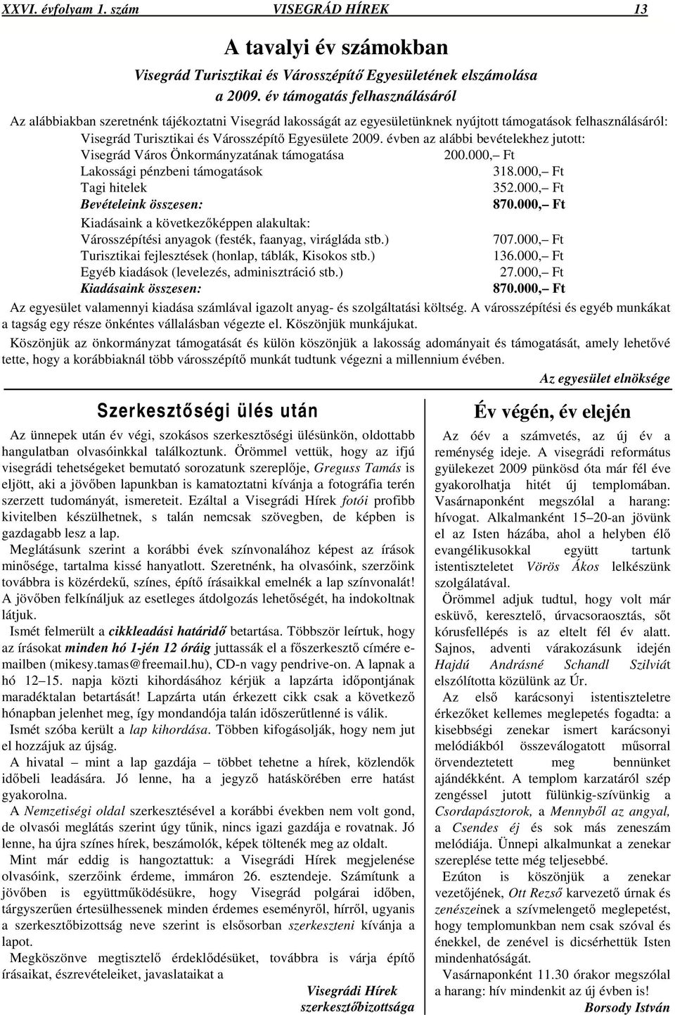 évben az alábbi bevételekhez jutott: Visegrád Város Önkormányzatának támogatása 200.000, Ft Lakossági pénzbeni támogatások 318.000, Ft Tagi hitelek 352.000, Ft Bevételeink összesen: 870.