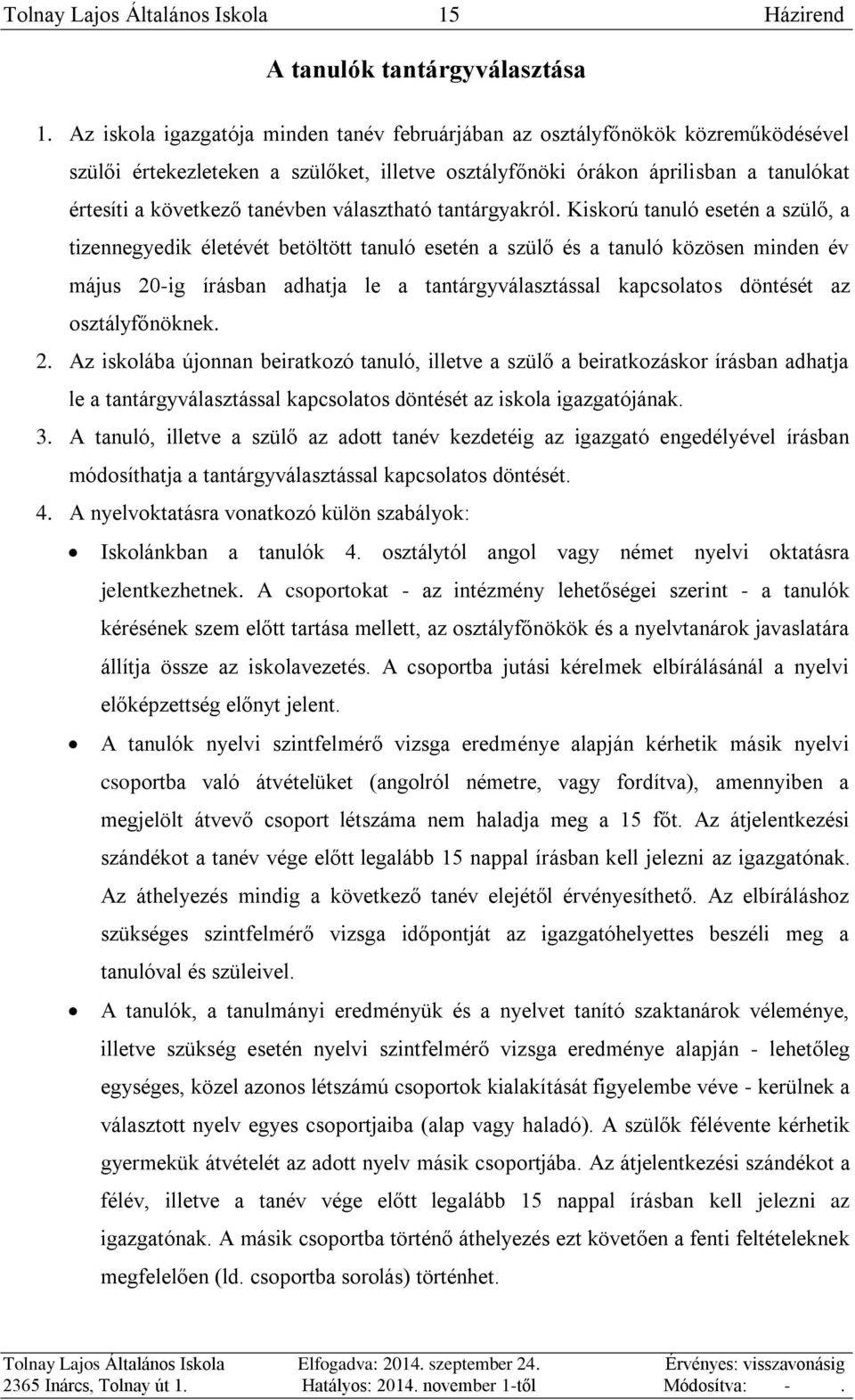 választható tantárgyakról.