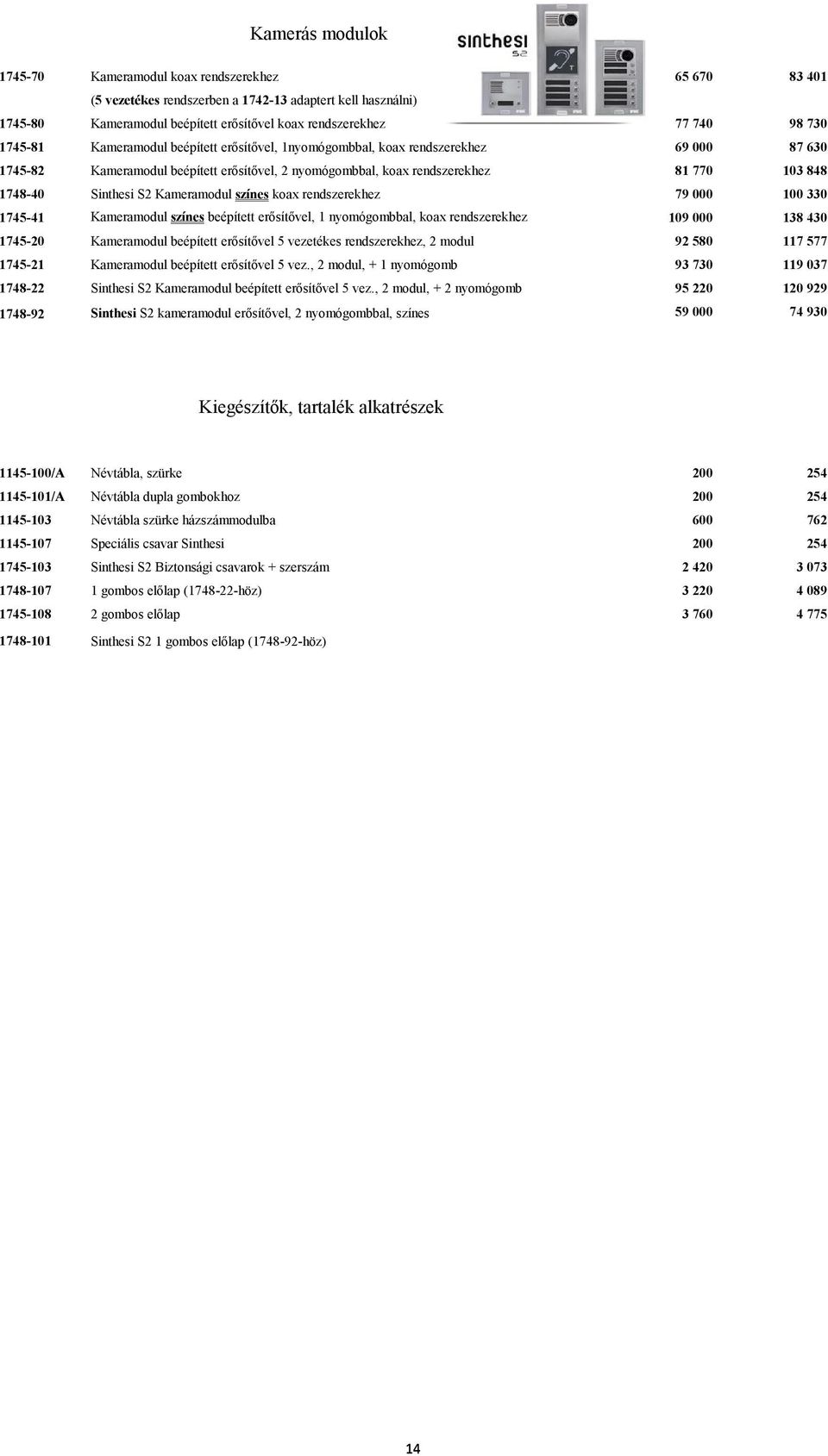 Sinthesi S2 Kameramodul színes koax rendszerekhez 79 000 100 330 1745-41 Kameramodul színes beépített erősítővel, 1 nyomógombbal, koax rendszerekhez 109 000 138 430 1745-20 Kameramodul beépített