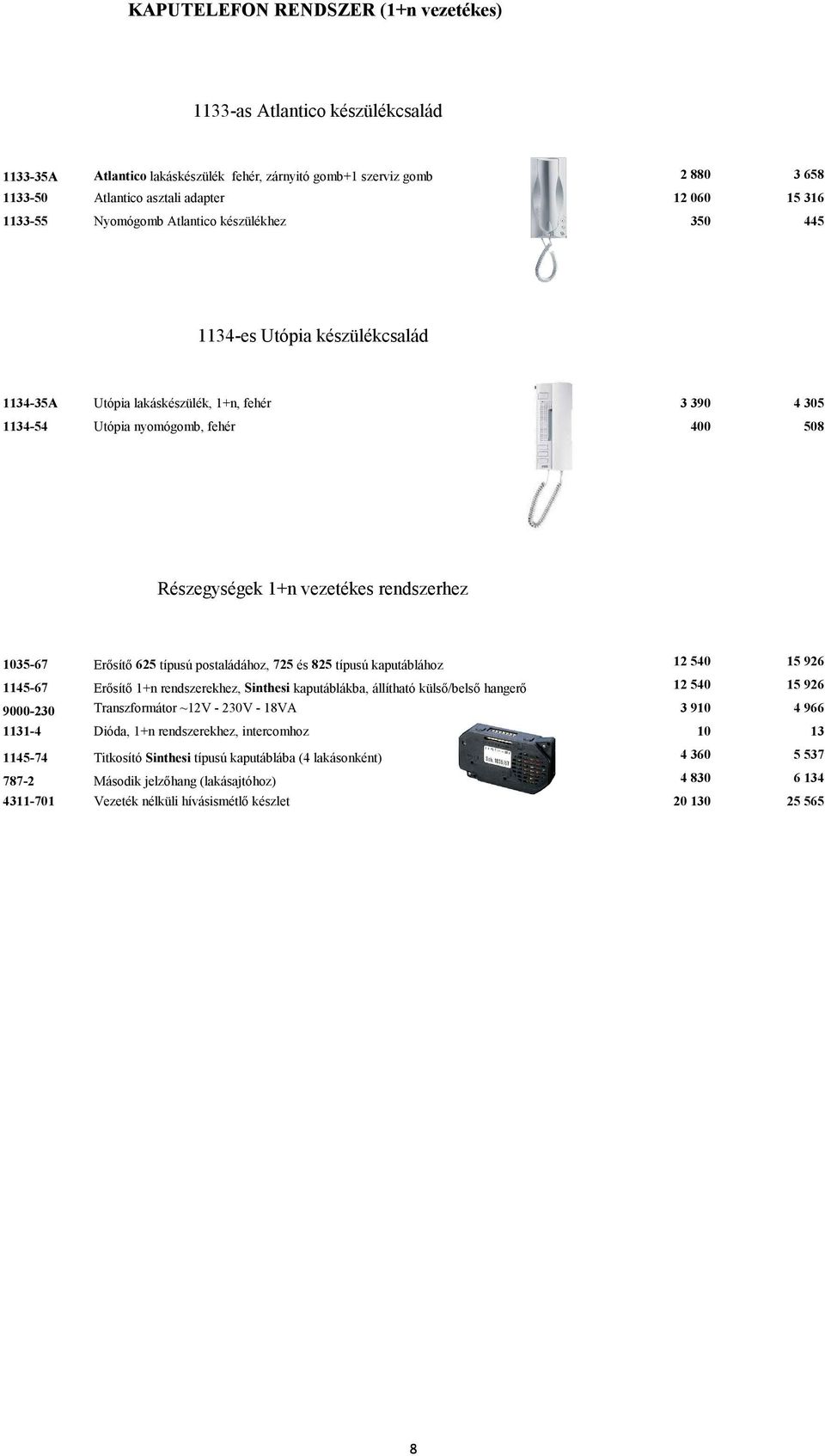 rendszerhez 1035-67 Erősítő 625 típusú postaládához, 725 és 825 típusú kaputáblához 12 540 15 926 1145-67 Erősítő 1+n rendszerekhez, Sinthesi kaputáblákba, állítható külső/belső hangerő 12 540 15 926