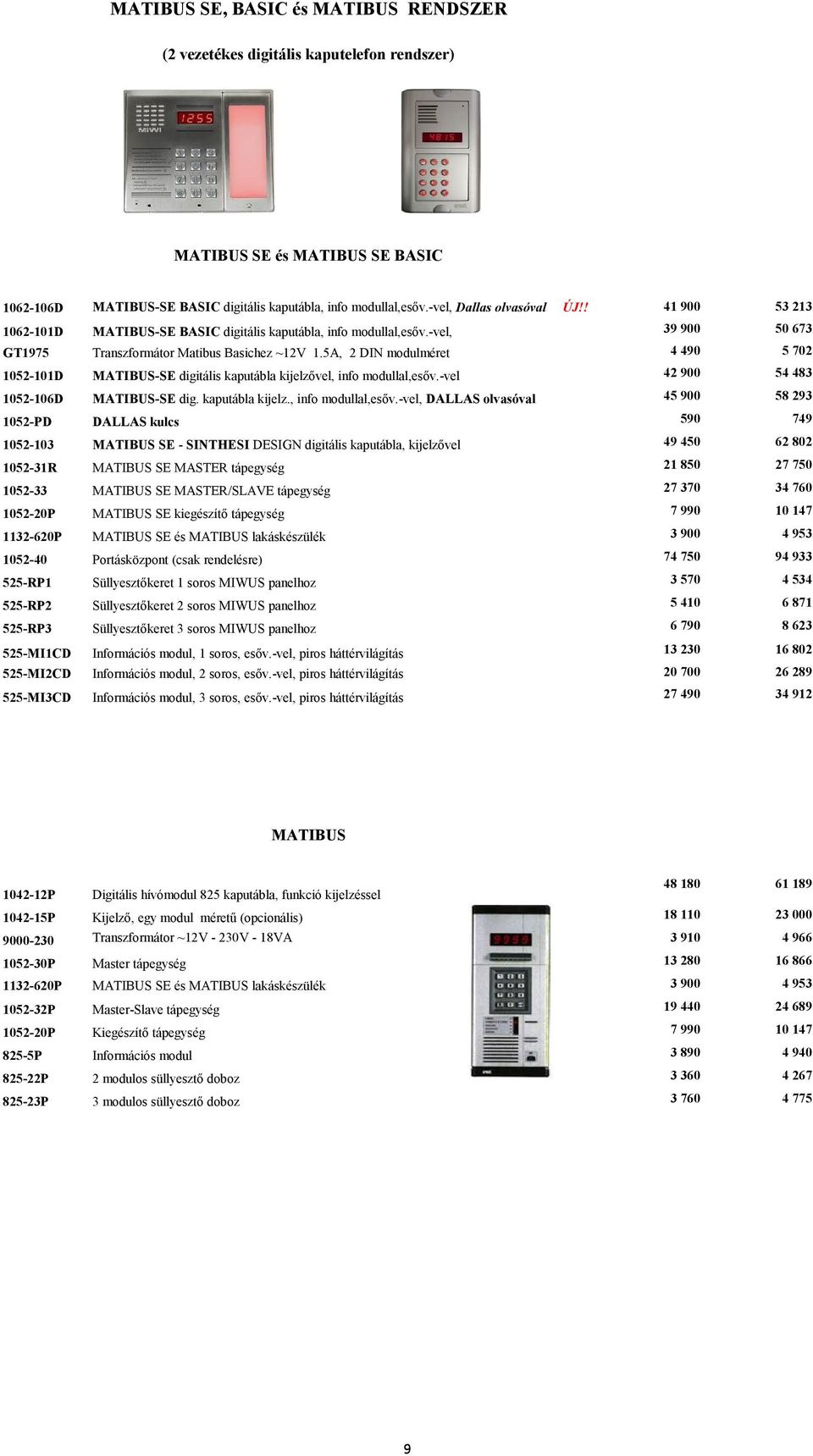 5A, 2 DIN modulméret 4 490 5 702 1052-101D MATIBUS-SE digitális kaputábla kijelzővel, info modullal,esőv.