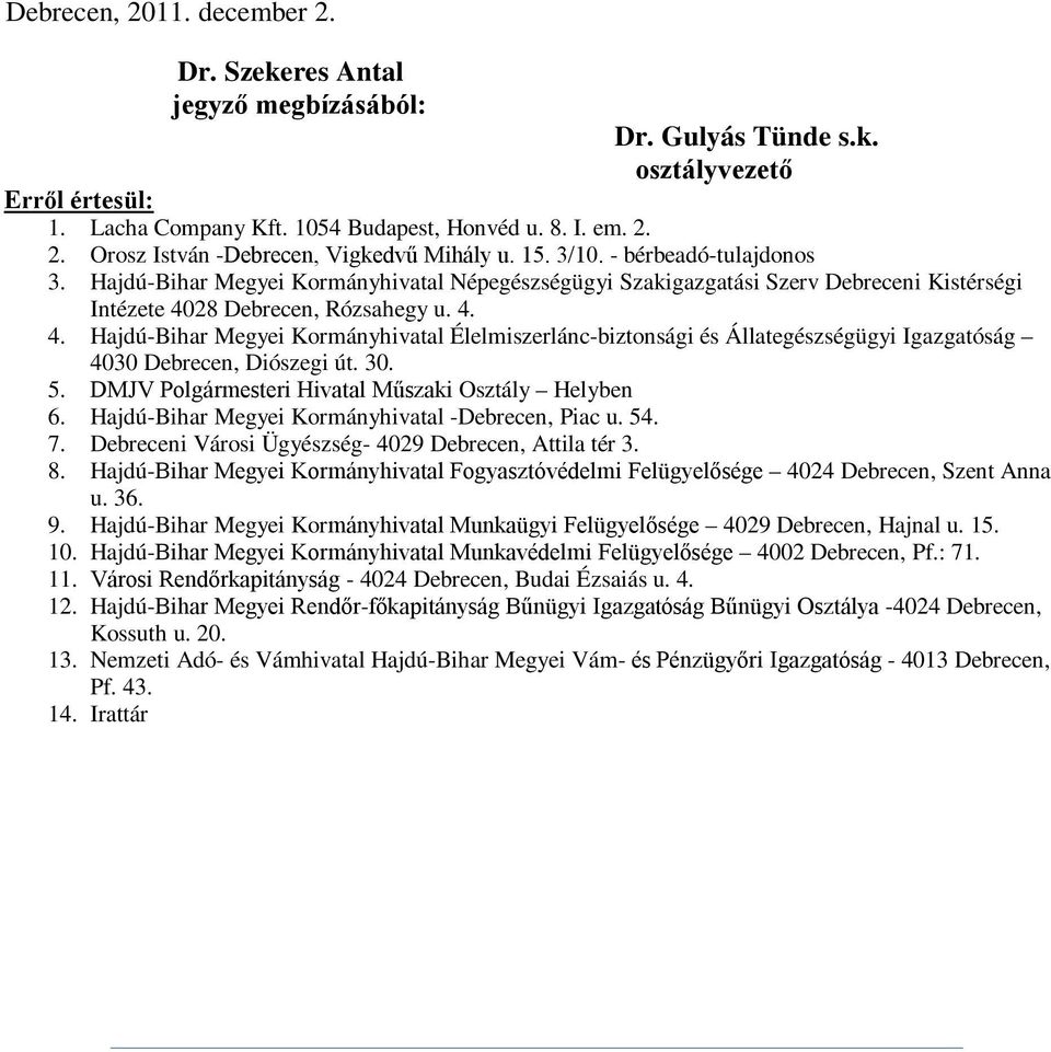 28 Debrecen, Rózsahegy u. 4. 4. Hajdú-Bihar Megyei Kormányhivatal Élelmiszerlánc-biztonsági és Állategészségügyi Igazgatóság 4030 Debrecen, Diószegi út. 30. 5.