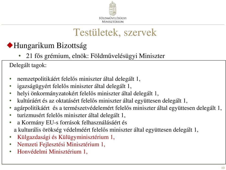 agárpolitikáért és a természetvédelemért felelős miniszter által együttesen delegált 1, turizmusért felelős miniszter által delegált 1, a Kormány EU-s források felhasználásáért