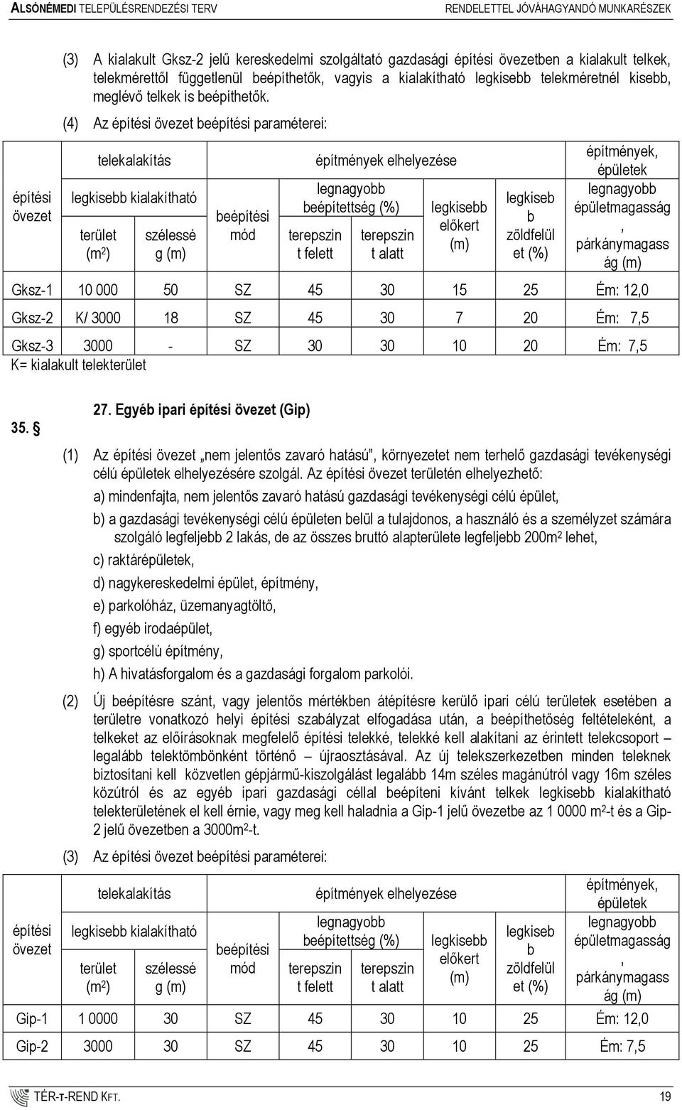 (4) Az építési övezet beépítési paraméterei: telekalakítás legkisebb kialakítható terület (m 2 ) szélessé g (m) beépítési mód építmények elhelyezése beépítettség (%) t felett t alatt legkisebb