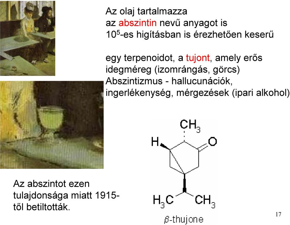 (izomrángás, görcs) Abszintizmus - hallucunációk, ingerlékenység,