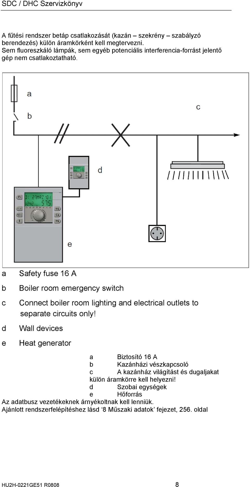 a b c d e Safety fuse 16 A Boiler room emergency switch Connect boiler room lighting and electrical outlets to separate circuits only!