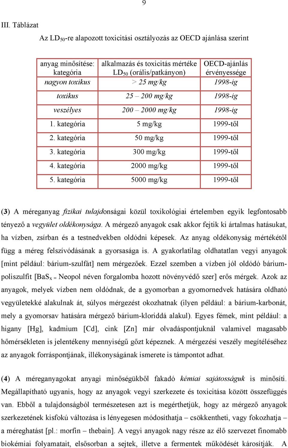 toxikus > 25 mg/kg 1998-ig toxikus 25 200 mg/kg 1998-ig veszélyes 200 2000 mg/kg 1998-ig 1. kategória 5 mg/kg 1999-től 2. kategória 50 mg/kg 1999-től 3. kategória 300 mg/kg 1999-től 4.