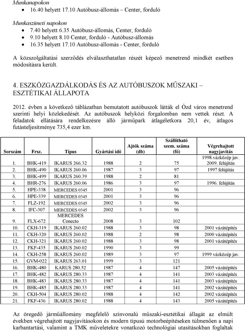 ESZKÖZGAZDÁLKODÁS ÉS AZ AUTÓBUSZOK MŰSZAKI ESZTÉTIKAI ÁLLAPOTA 2012. évben a következő táblázatban bemutatott autóbuszok látták el Ózd város menetrend szerinti helyi közlekedését.