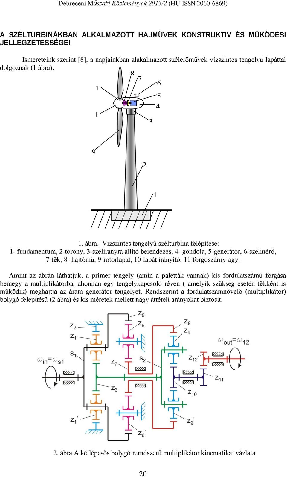 Vízszintes tengelyű szélturbina felépítése: 1- fundamentum, 2-torony, 3-szélirányra állίtó berendezés, 4- gondola, 5-generátor, 6-szélmérő, 7-fék, 8- hajtómű, 9-rotorlapát, 10-lapát irányító,