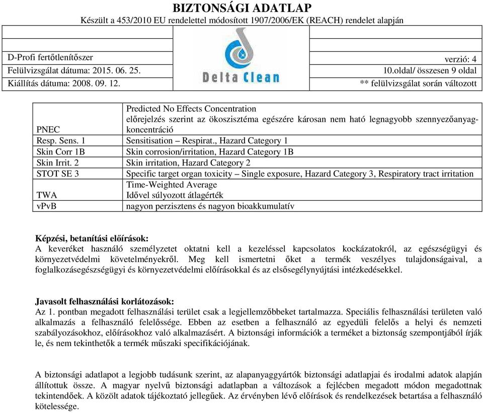 2 Skin irritation, Hazard Category 2 STOT SE 3 Specific target organ toxicity Single exposure, Hazard Category 3, Respiratory tract irritation Time-Weighted Average TWA Idővel súlyozott átlagérték