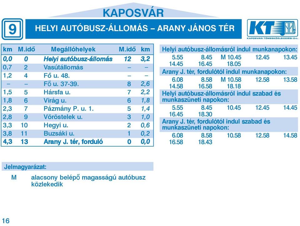 45 M 10.45 12.45 13.45 14.45 16.45 18.05 Arany J. tér, fordulótól indul munkanapokon: 6.08 8.58 M 10.58 12.58 13.58 14.58 16.58 18.18 Helyi autóbusz-állomásról indul szabad és 5.55 8.