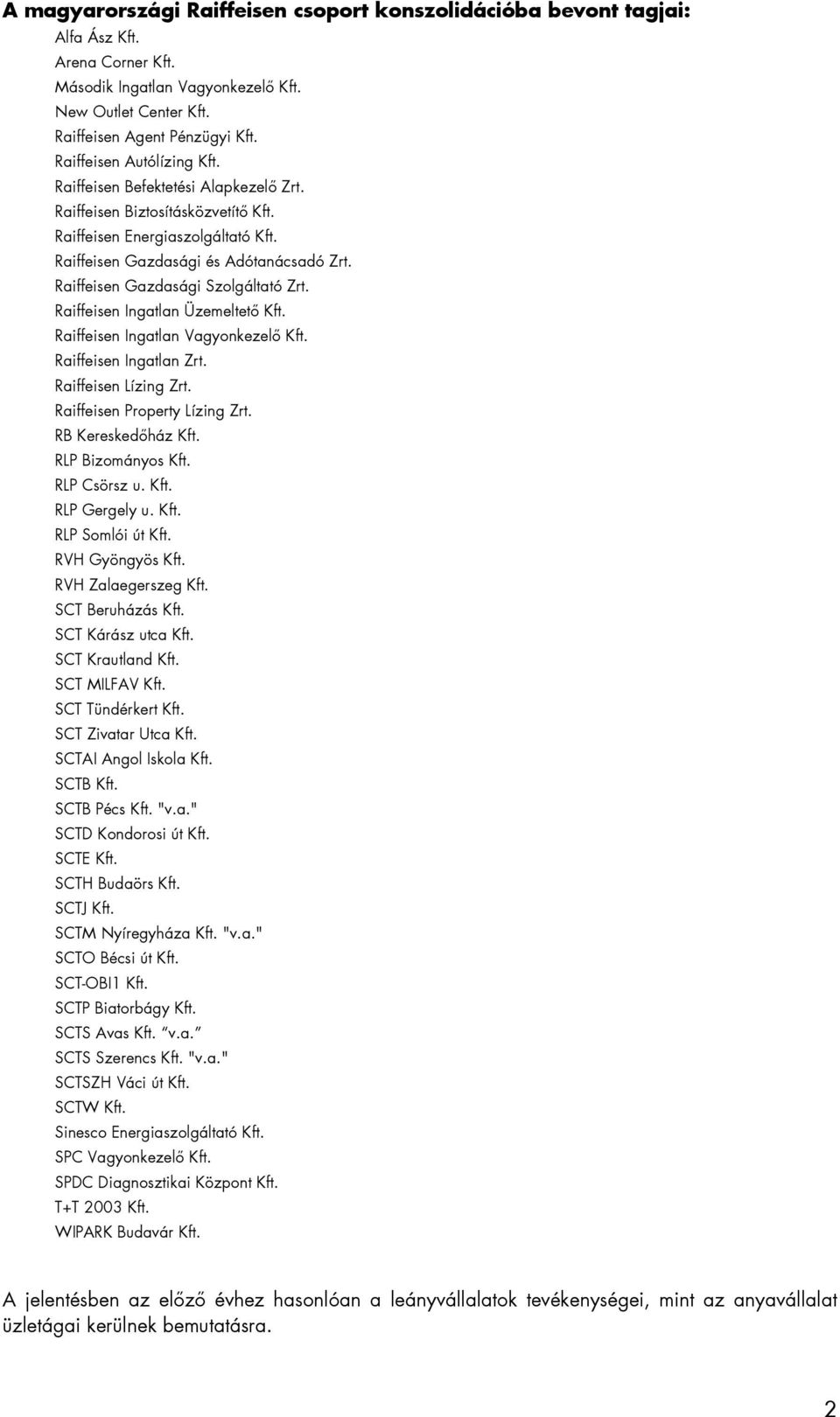 Raiffeisen Gazdasági Szolgáltató Zrt. Raiffeisen Ingatlan Üzemeltető Kft. Raiffeisen Ingatlan Vagyonkezelő Kft. Raiffeisen Ingatlan Zrt. Raiffeisen Lízing Zrt. Raiffeisen Property Lízing Zrt.