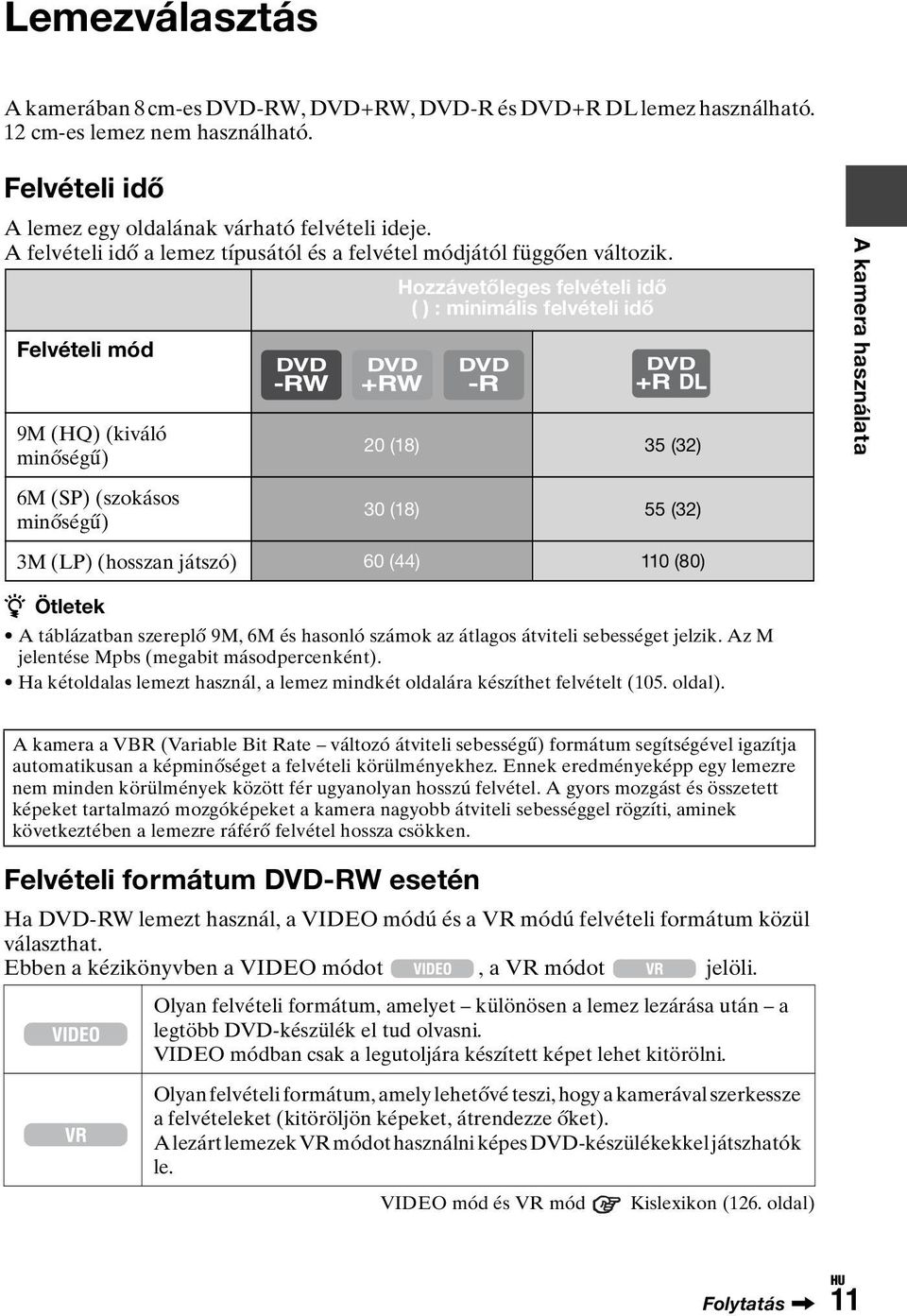 Hozzávetőleges felvételi idő ( ) : minimális felvételi idő Felvételi mód 9M (HQ) (kiváló minőségű) 20 (18) 35 (32) A kamera használata 6M (SP) (szokásos minőségű) 30 (18) 55 (32) 3M (LP) (hosszan