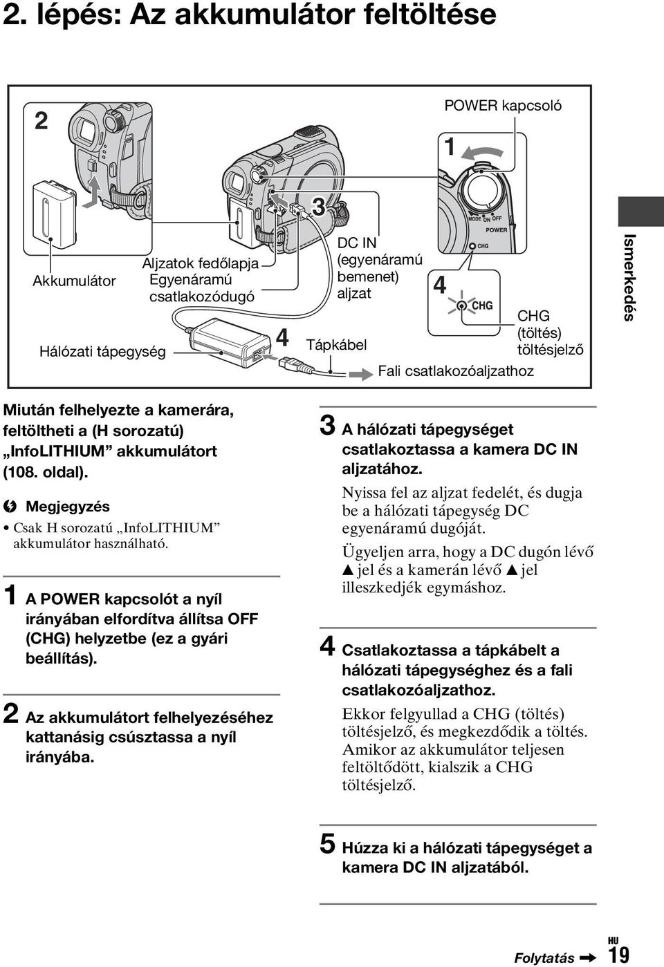 b Megjegyzés Csak H sorozatú InfoLITHIUM akkumulátor használható. 1 A POWER kapcsolót a nyíl irányában elfordítva állítsa OFF (CHG) helyzetbe (ez a gyári beállítás).