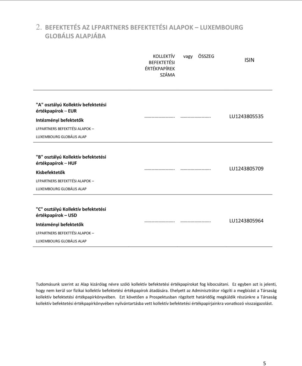 ... LU1243805709 "C" osztályú Kollektív befektetési értékpapírok USD Intézményi befektetők LFPARTNERS BEFEKTTÉSI ALAPOK LUXEMBOURG GLOBÁLIS ALAP.