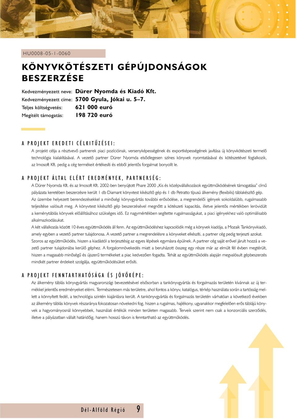 termelõ technológia kialakításával. A vezetõ partner Dürer Nyomda elsõdlegesen színes könyvek nyomtatásával és kötészetével foglalkozik, az Imosoft Kft.