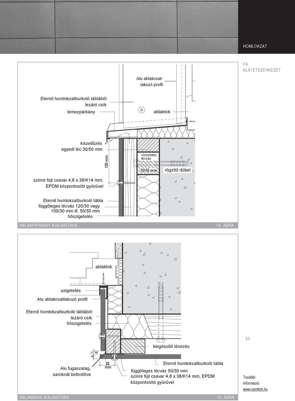 homlokzatburkoló ETERNIT FASSADENTAFEL tábla függőleges lécváz TRAGLATTE 120/30 120/30 vagy oer 100/30 100/30 mm mm ill. 50/30 bzw. 50/30 mm mm ablakpárkány kialakítása 13.