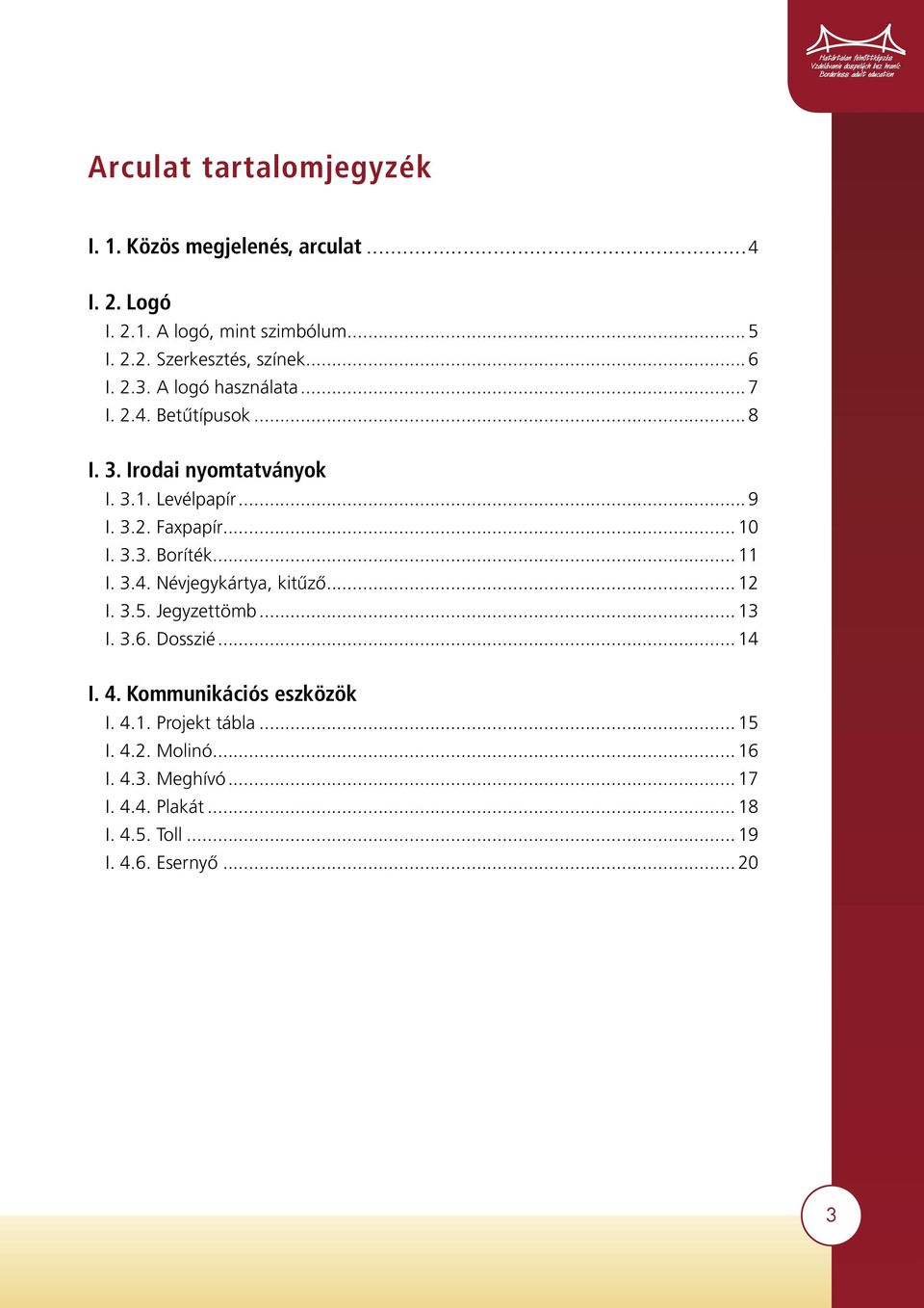 3.3. Boríték... 11 I. 3.4. Névjegykártya, kitűző... 12 I. 3.5. Jegyzettömb... 13 I. 3.6. Dosszié... 14 I. 4. Kommunikációs eszközök I.