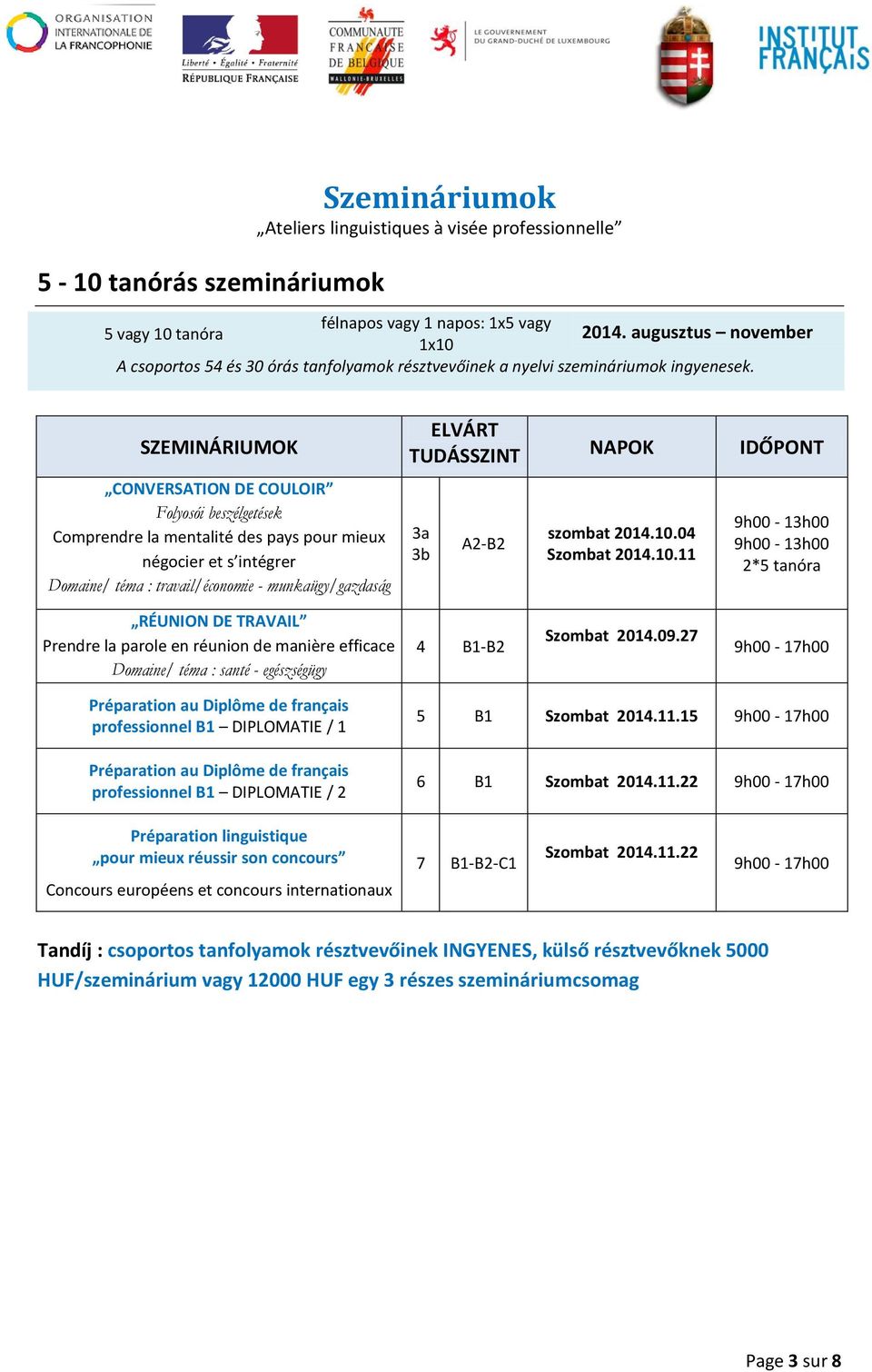 SZEMINÁRIUMOK ELVÁRT TUDÁSSZINT NAPOK IDŐPONT CONVERSATION DE COULOIR Folyosói beszélgetések Comprendre la mentalité des pays pour mieux négocier et s intégrer Domaine/ téma : travail/économie -