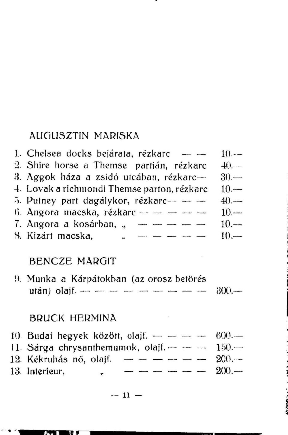 6 Angóra macska, rézkarc 10. 7. Angóra a kosárban, 10. 8. Kizárt macska, 10. BENCZE MARGIT 9.