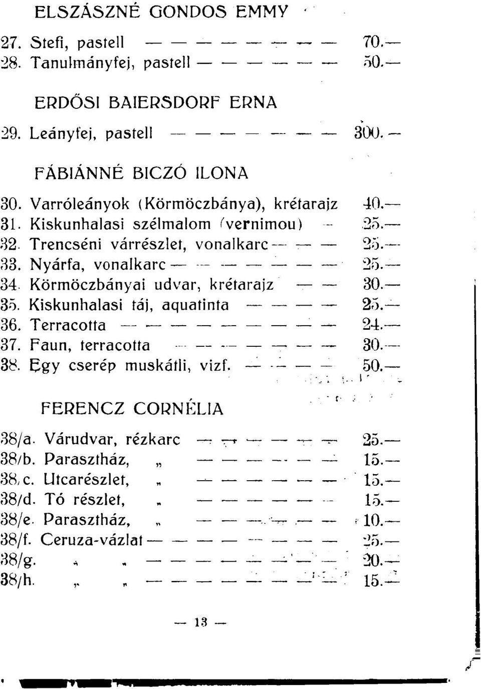 34 Körmöczbányai udvar, krétarajz 30. 35. Kiskunhalasi táj, aquatinta 25. 36. Terracotta 24. 37. Faun, terracotta 30. 38. gy cserép muskátli, vizf. 50.