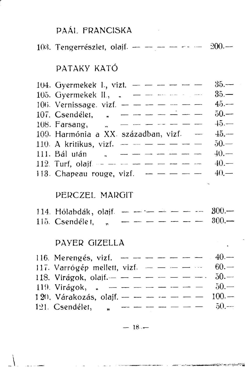 Turf, olajf 40. 113. Chapeau rouge, vizf. 40. PERCZEL MARGIT 114. Hólabdák, olajf 300. 115. Csendélet, 300. PAYER GIZELLA 116.