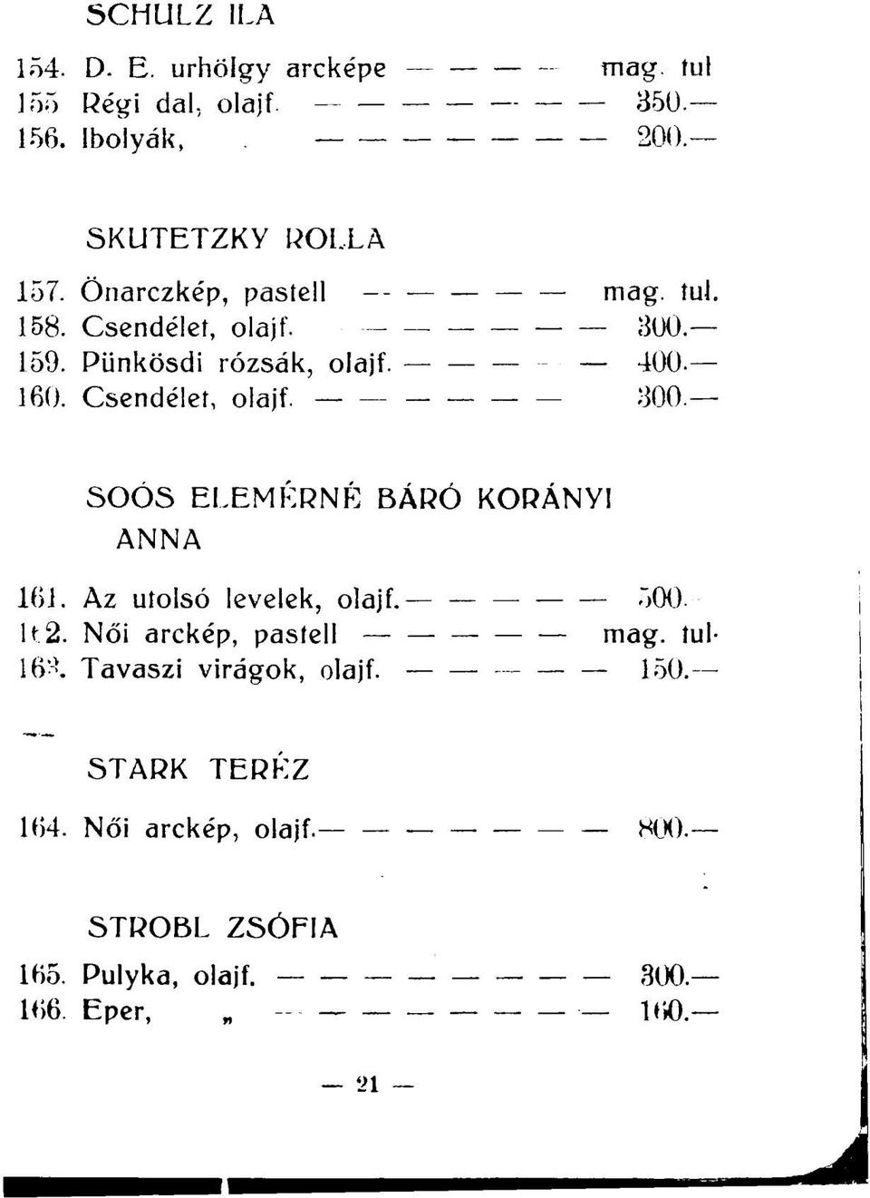 ANNA 161. Az utolsó levelek, olajf. 500 U2. Női arckép, pastell mag. tul- 16 '. Tavaszi virágok, olajf. 150.