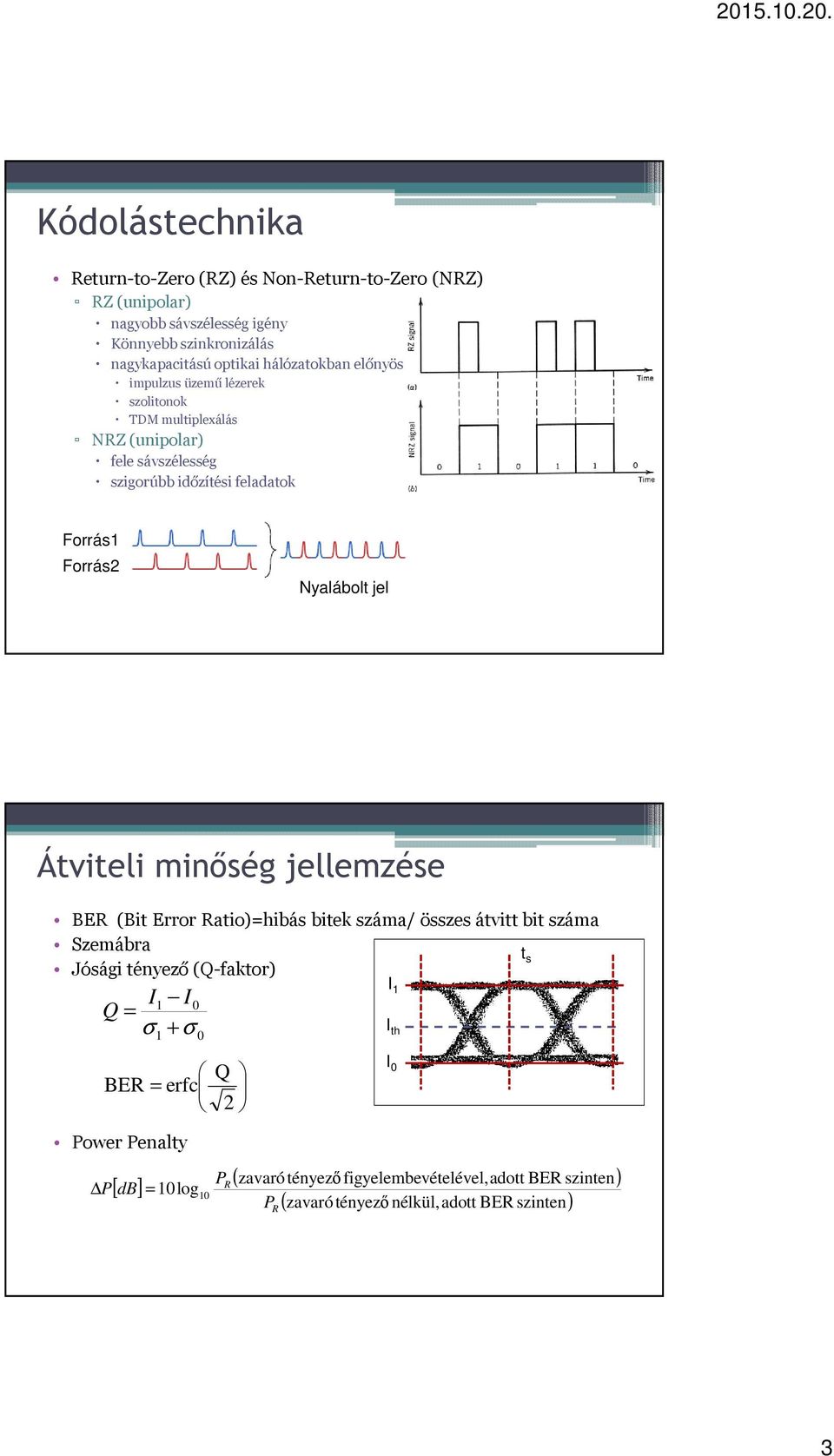 Nyalábolt jel Átviteli minőség jellemzése BER (Bit Error Ratio)=hibás bitek száma/ összes átvitt bit száma Szemábra t s Jósági tényező (Q-faktor) I1 I0 Q = σ