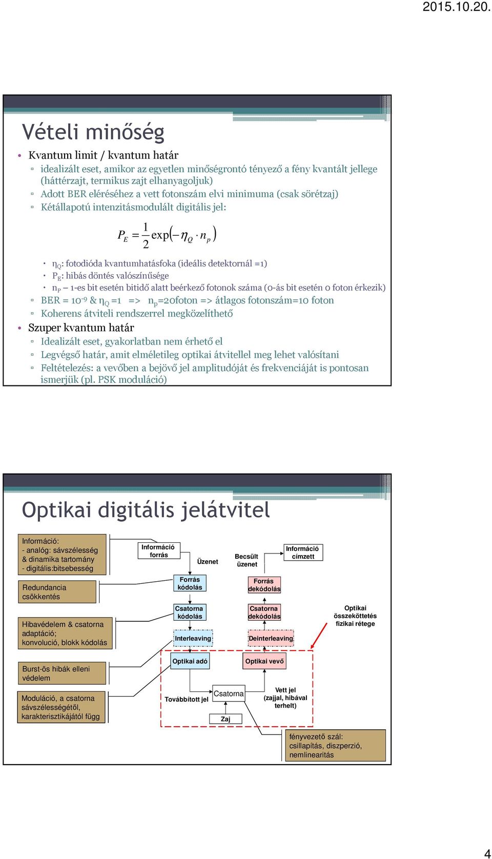 P 1-es bit esetén bitidő alatt beérkező fotonok száma (0-ás bit esetén 0 foton érkezik) BER = 10-9 & η Q =1 => n p =0foton => átlagos fotonszám=10 foton Koherens átviteli rendszerrel megközelíthető