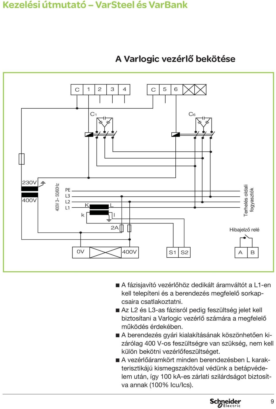 b Az L2 és L3-as fázisról pedig feszültség jelet kell biztosítani a Varlogic vezérlő számára a megfelelő működés érdekében.