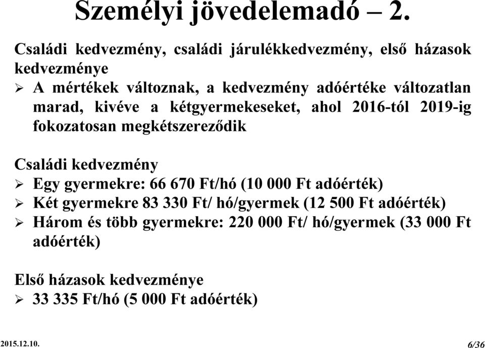 változatlan marad, kivéve a kétgyermekeseket, ahol 2016-tól 2019-ig fokozatosan megkétszereződik Családi kedvezmény Egy