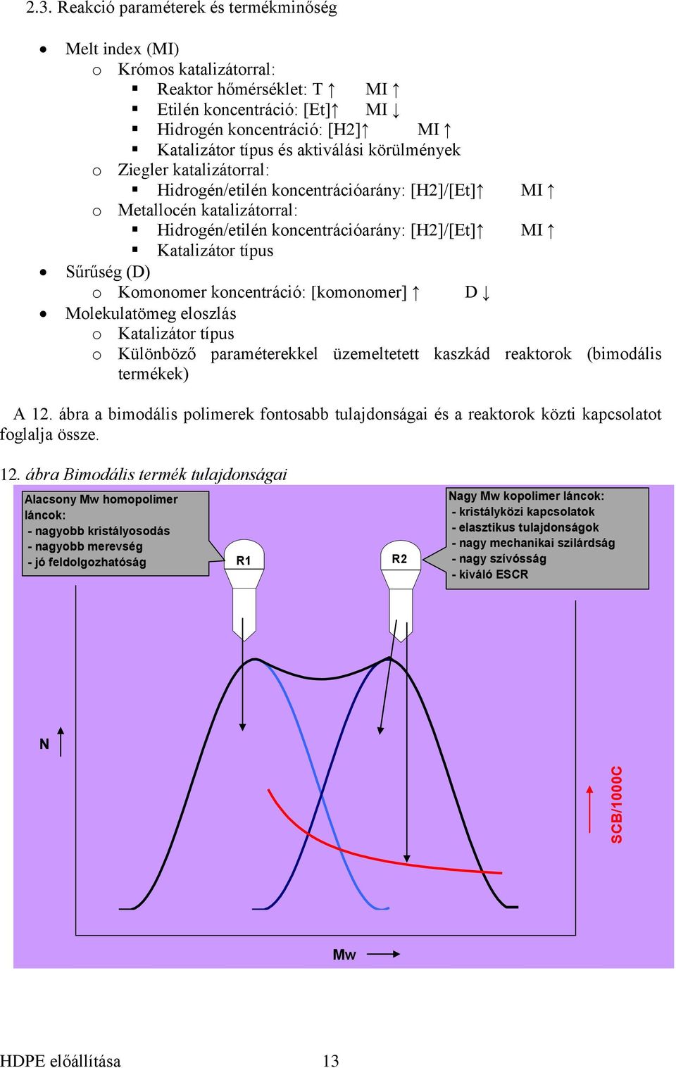 körülmények o Ziegler katalizátorral: Hidrogén/etilén koncentrációarány: [H2]/[Et] MI o Metallocén katalizátorral: Hidrogén/etilén koncentrációarány: [H2]/[Et] MI Katalizátor típus Sűrűség (D) o