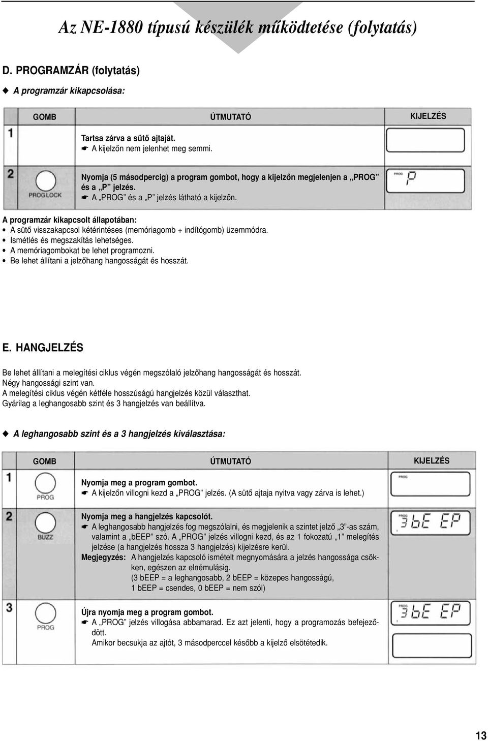 A programzár kikapcsolt állapotában: A sütô visszakapcsol kétérintéses (memóriagomb + indítógomb) üzemmódra. Ismétlés és megszakítás lehetséges. A memóriagombokat be lehet programozni.