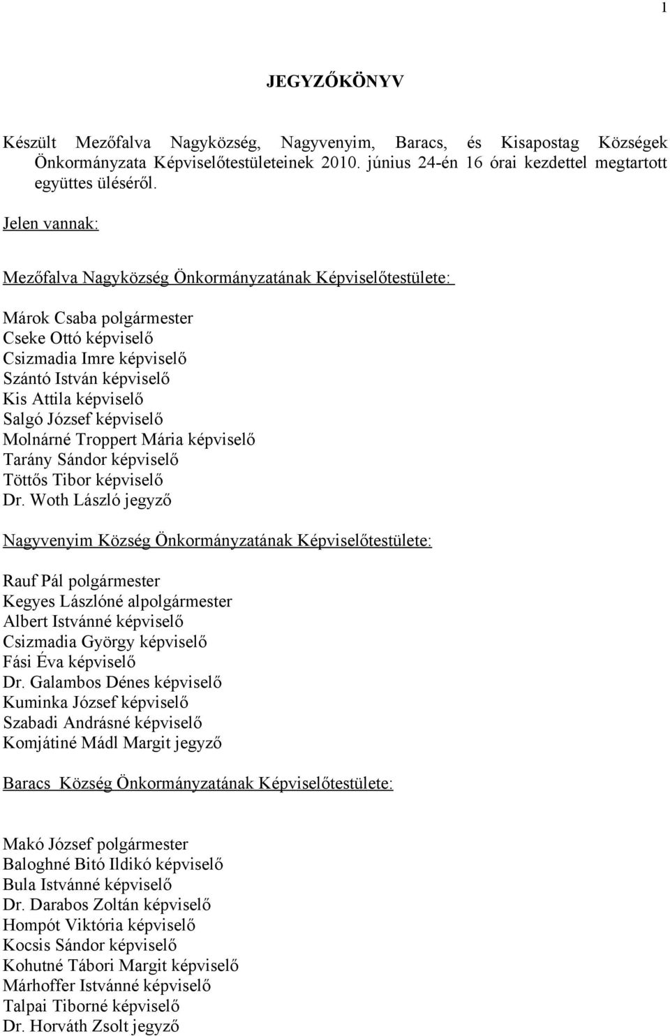 József képviselő Molnárné Troppert Mária képviselő Tarány Sándor képviselő Töttős Tibor képviselő Dr.
