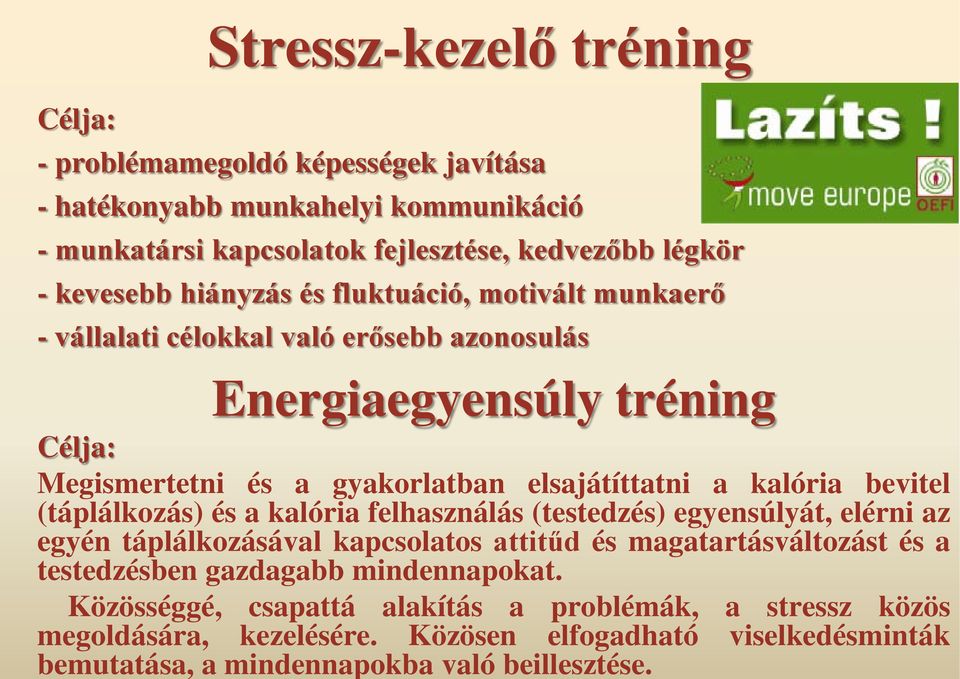 bevitel (táplálkozás) és a kalória felhasználás (testedzés) egyensúlyát, elérni az egyén táplálkozásával kapcsolatos attitűd és magatartásváltozást és a testedzésben gazdagabb