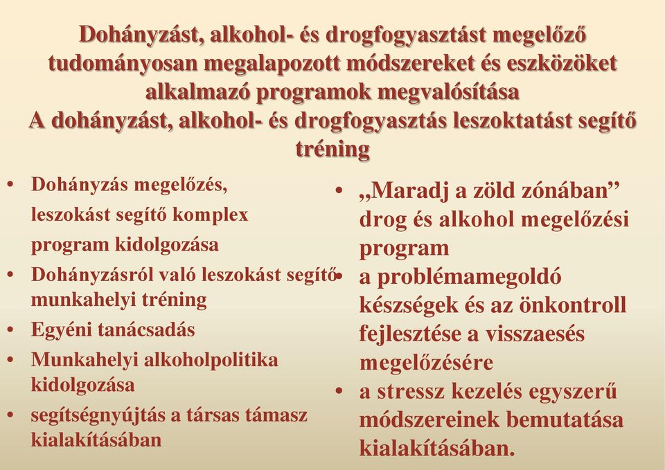 tréning Egyéni tanácsadás Munkahelyi alkoholpolitika kidolgozása segítségnyújtás a társas támasz kialakításában Maradj a zöld zónában drog és alkohol