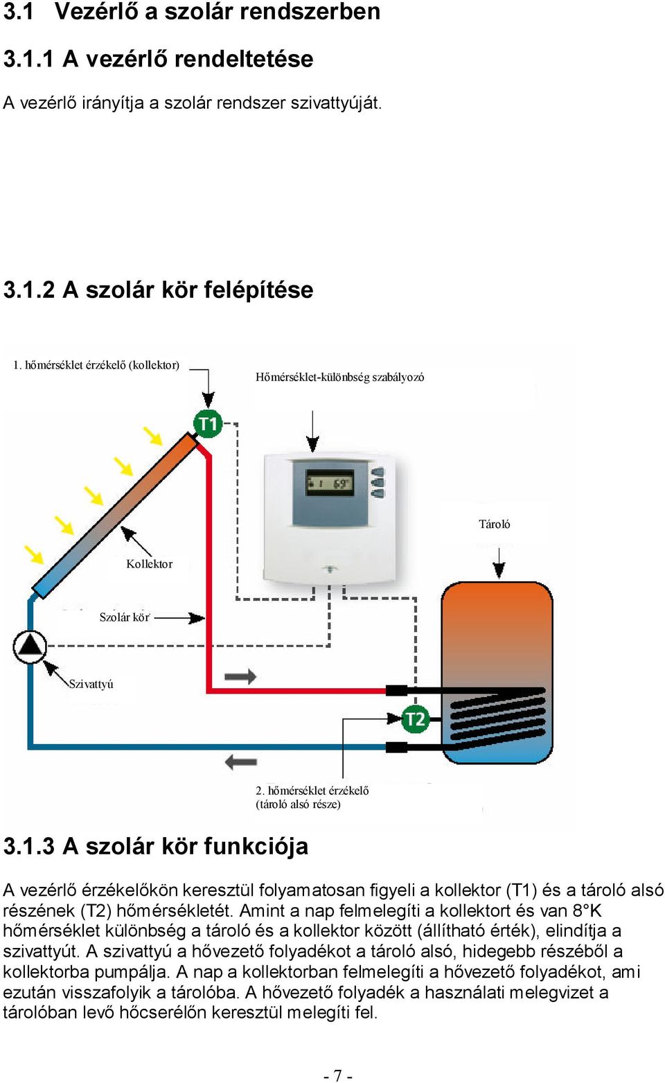 hőmérséklet érzékelő (tároló alsó része) A vezérlő érzékelőkön keresztül folyamatosan figyeli a kollektor (T1) és a tároló alsó részének (T2) hőmérsékletét.