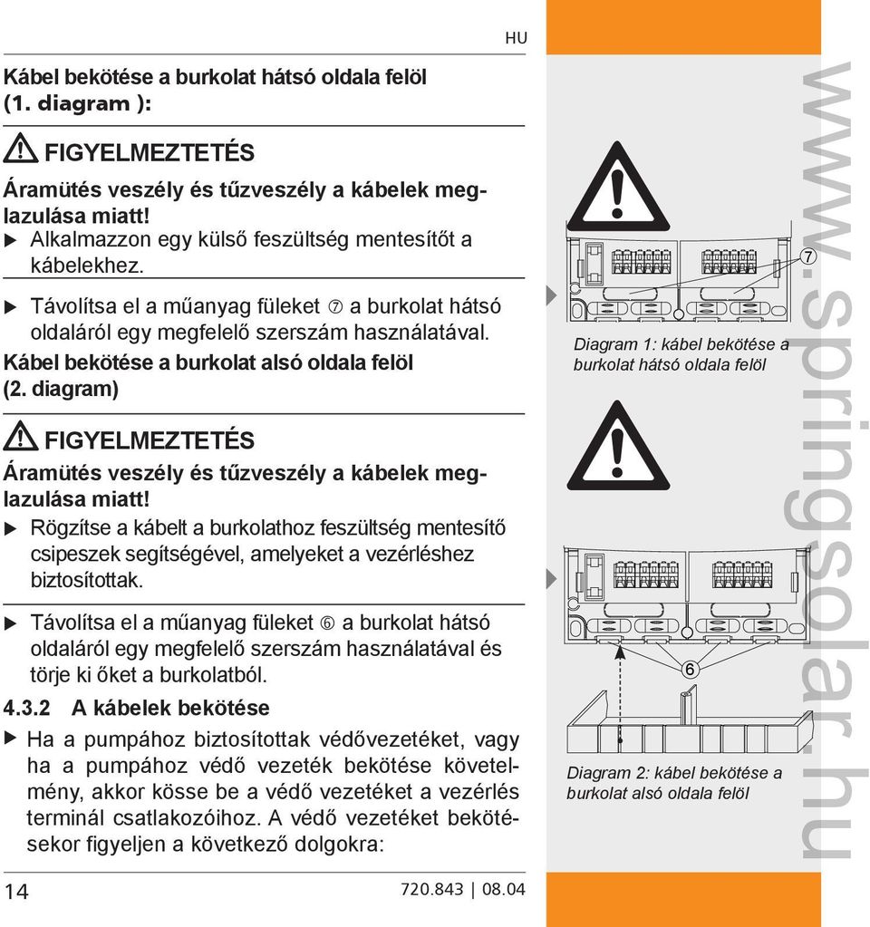 diagram) FIGYELMEZTETÉS Áramütés veszély és tűzveszély a kábelek meglazulása miatt! Rögzítse a kábelt a burkolathoz feszültség mentesítő csipeszek segítségével, amelyeket a vezérléshez biztosítottak.