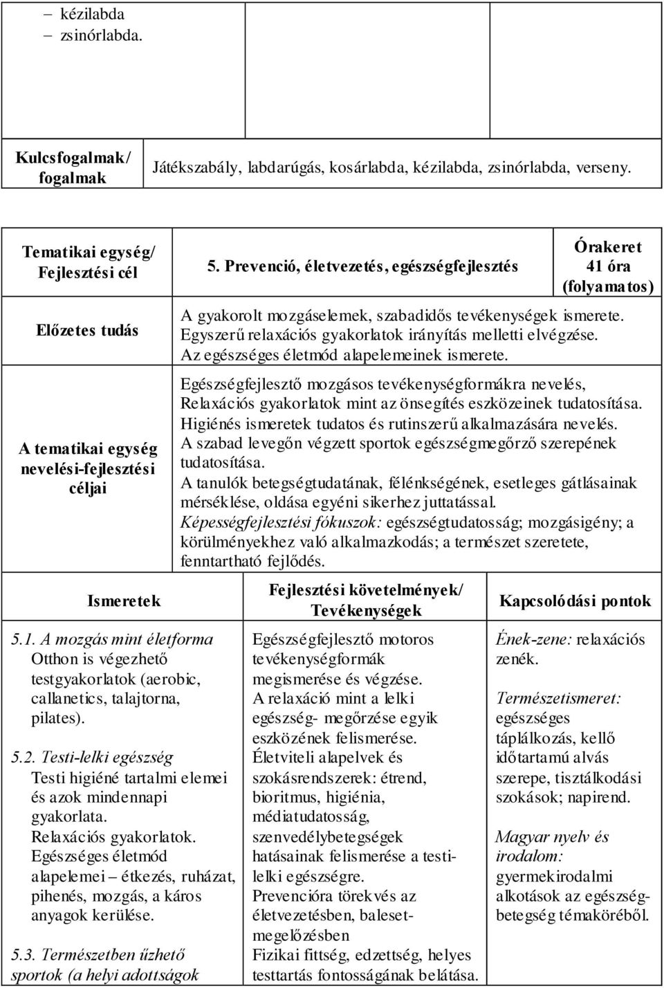 Relaxációs gyakorlatok. Egészséges életmód alapelemei étkezés, ruházat, pihenés, mozgás, a káros anyagok kerülése. 5.3. Természetben űzhető sportok (a helyi adottságok 5.