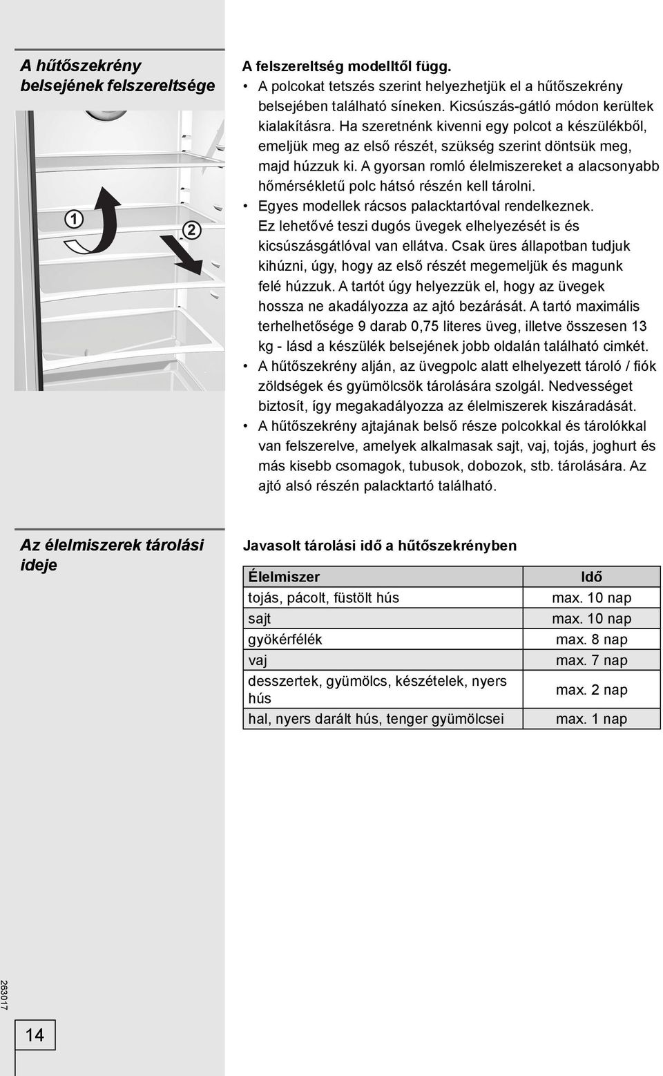 A gyorsan romló élelmiszereket a alacsonyabb hőmérsékletű polc hátsó részén kell tárolni. Egyes modellek rácsos palacktartóval rendelkeznek.