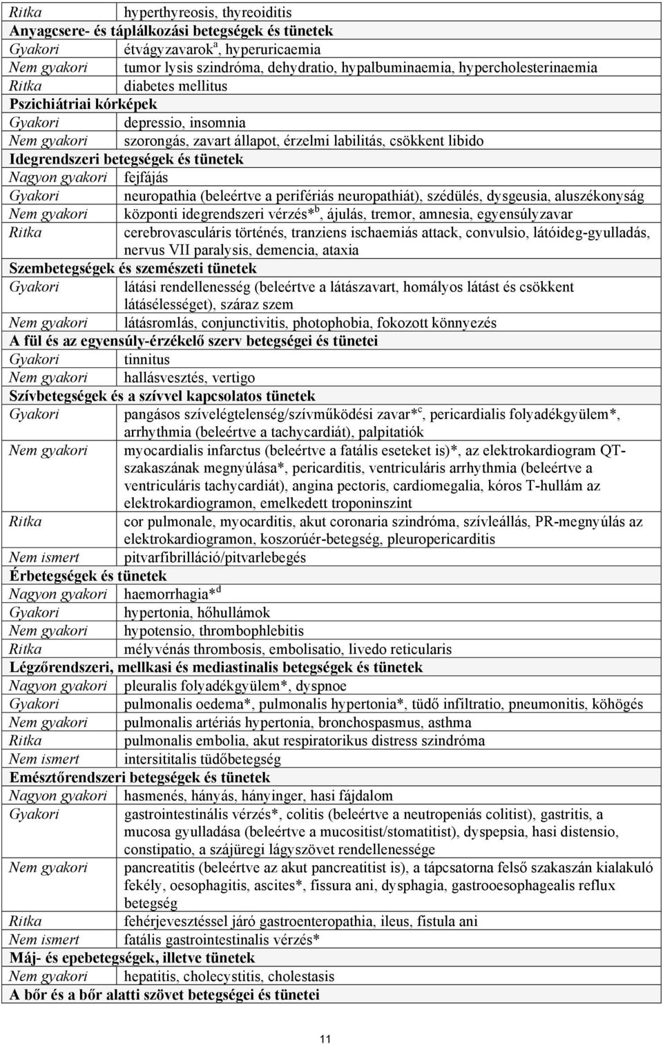 tünetek Nagyon gyakori fejfájás Gyakori neuropathia (beleértve a perifériás neuropathiát), szédülés, dysgeusia, aluszékonyság Nem gyakori központi idegrendszeri vérzés* b, ájulás, tremor, amnesia,