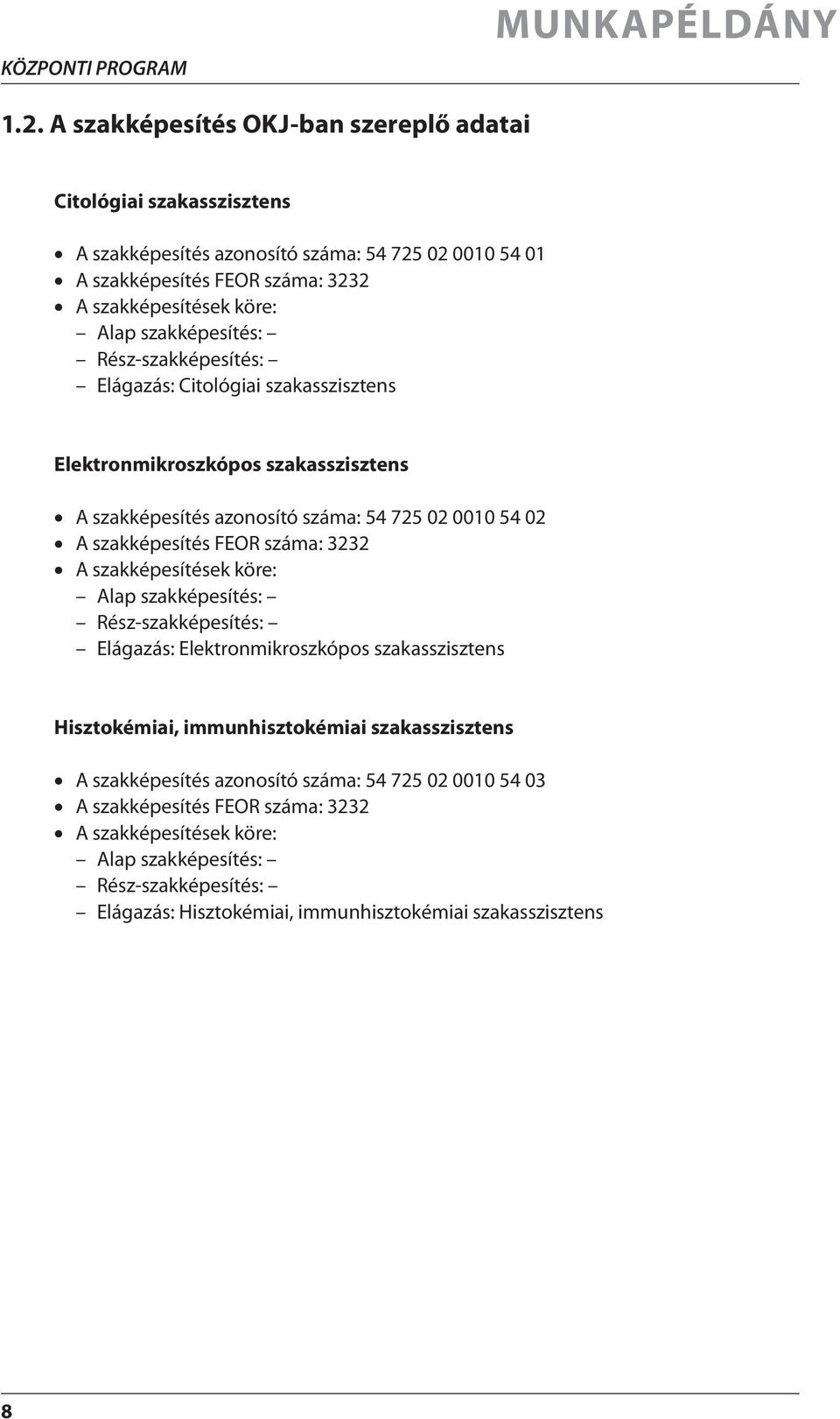 szakképesítés: Rész-szakképesítés: Elágazás: Citológiai szakasszisztens Elektronmikroszkópos szakasszisztens A szakképesítés azonosító száma: 54 725 02 0010 54 02 A szakképesítés FEOR száma: 3232