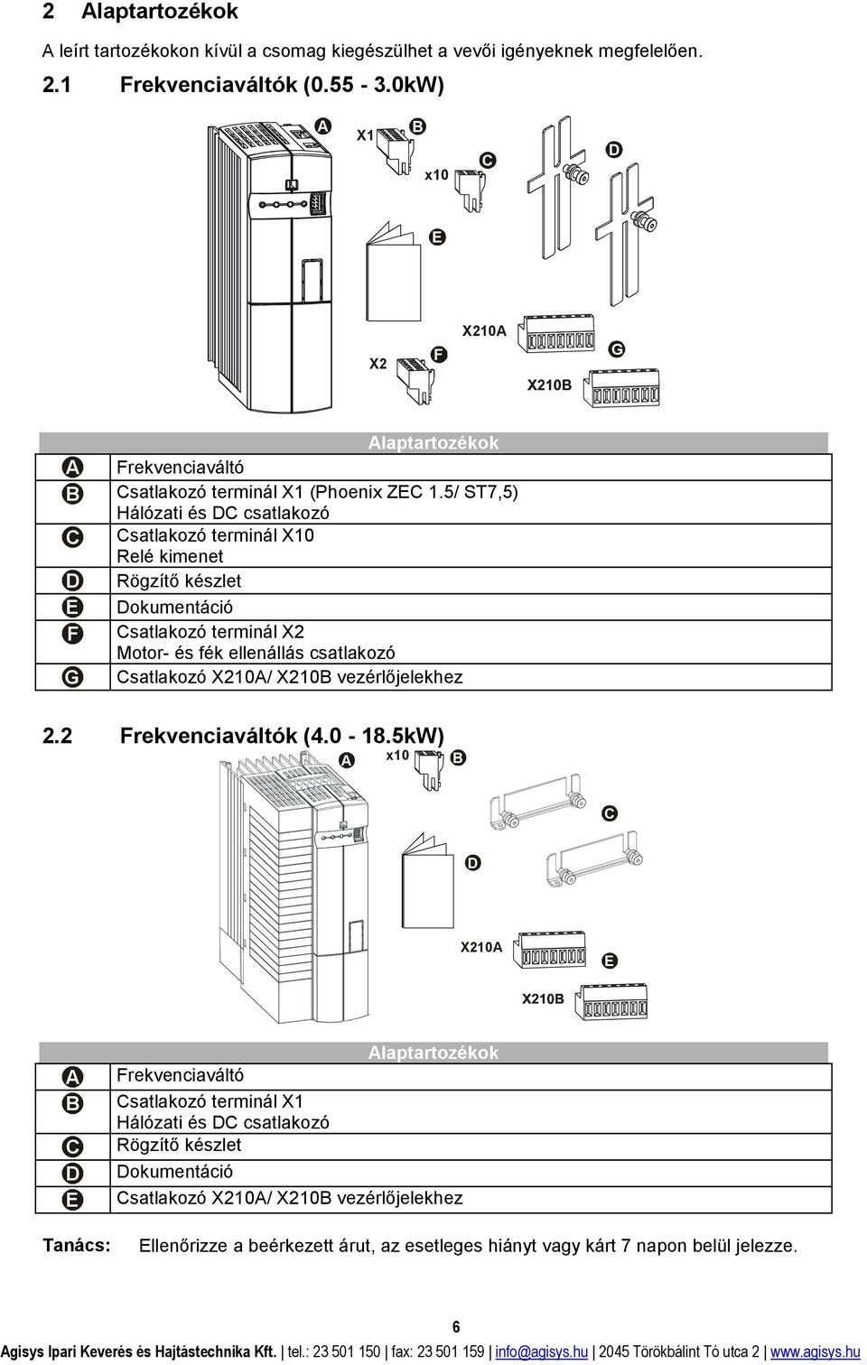 5/ ST7,5) Hálózati és DC csatlakozó Csatlakozó terminál X10 Relé kimenet Rögzítő készlet Dokumentáció Csatlakozó terminál X Motor- és fék ellenállás csatlakozó Csatlakozó X10A/ X10B vezérlőjelekhez.