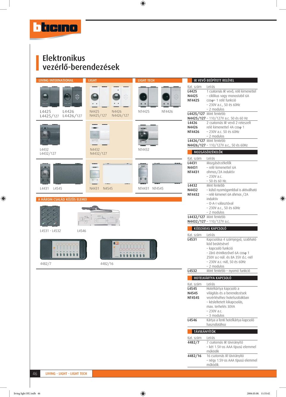 c. 50 és 60 Hz L4426 2 csatornás IR vevô 2 reteszelt N4426 relé kimenettel 4A cosϕ 1 NT4426 230V a.c. 50 és 60Hz L4426/127 Mint fentebb N4426/127 110/127V a.c., 50 és 60Hz MOZGÁSÉRZÉKELÕK L4431 Mozgásérzékelôk N4431 relé kimenettel 6A NT4431 ohmos/2a induktív 230V a.